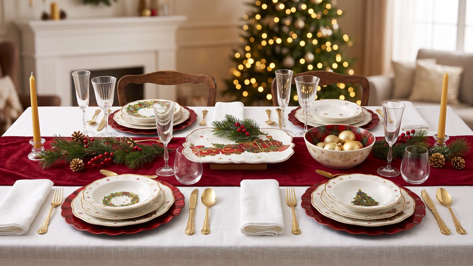 Vajilla Christmas en rojo y oro con cubertería Imperial Gold y cristalería Eden