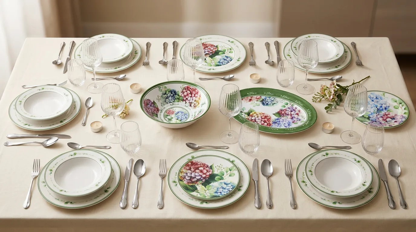Mesa puesta con la vajilla Flora de hortensias, cristalería Boulevard y cubertería Antichi Sapori