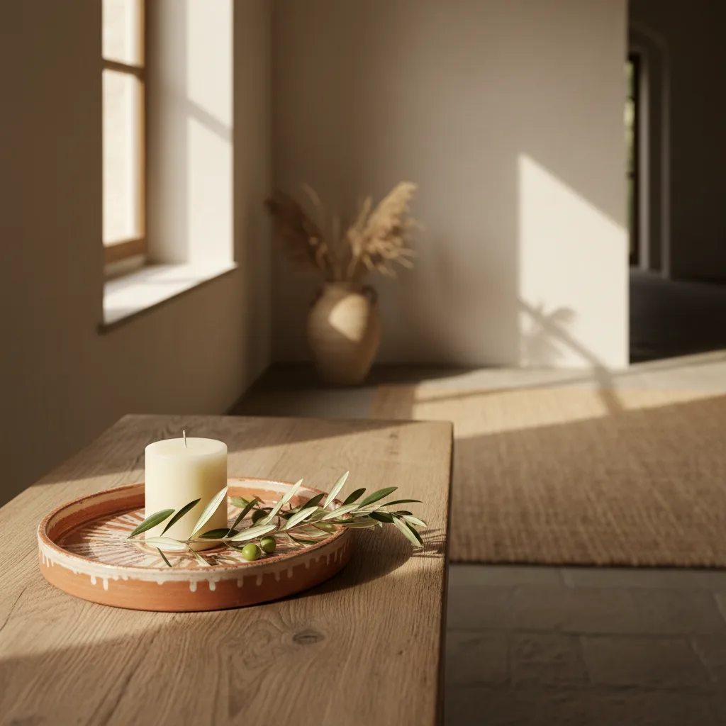 Overhead composition of a round decorative tray with three grouped objects (candle, small plant, book) on a wooden coffee table