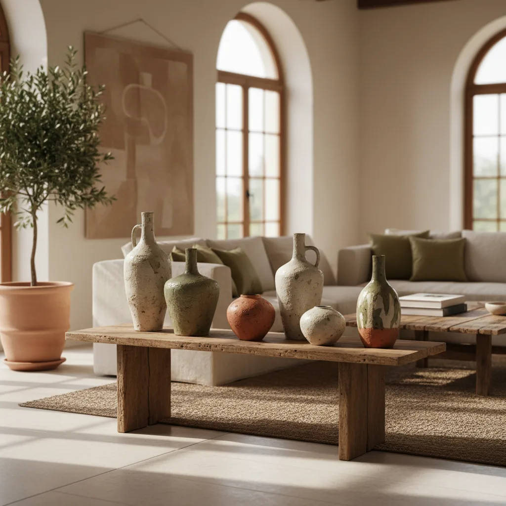 Tres gerros de diferents alçades agrupats sobre un aparador de fusta en una sala d'estar amb llum natural. Alt: gerros decoratius de ceràmica combinats en una sala d'estar moderna