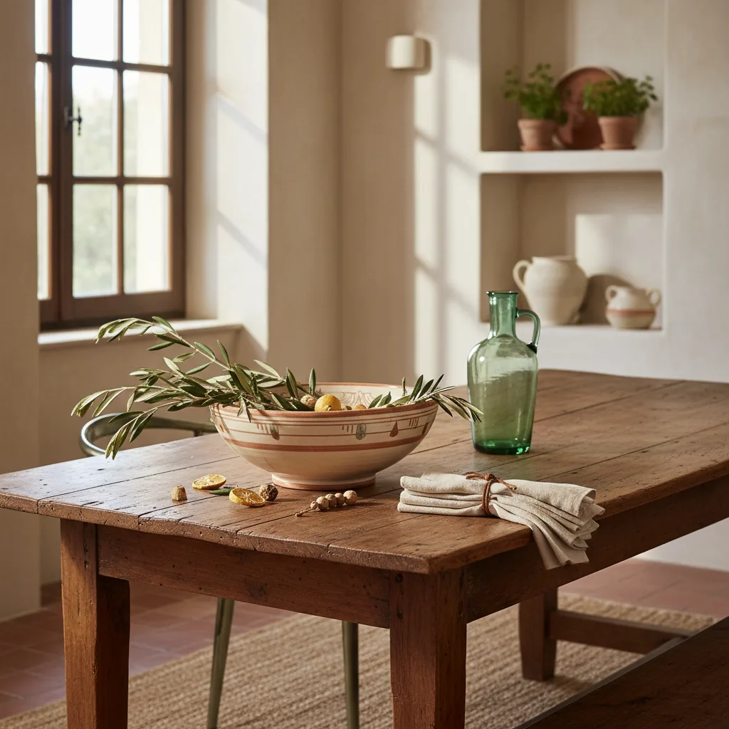 Overhead view of a rectangular dining table with a low ceramic centrepiece, linen napkins and glasses. Mediterranean style, natural light.
