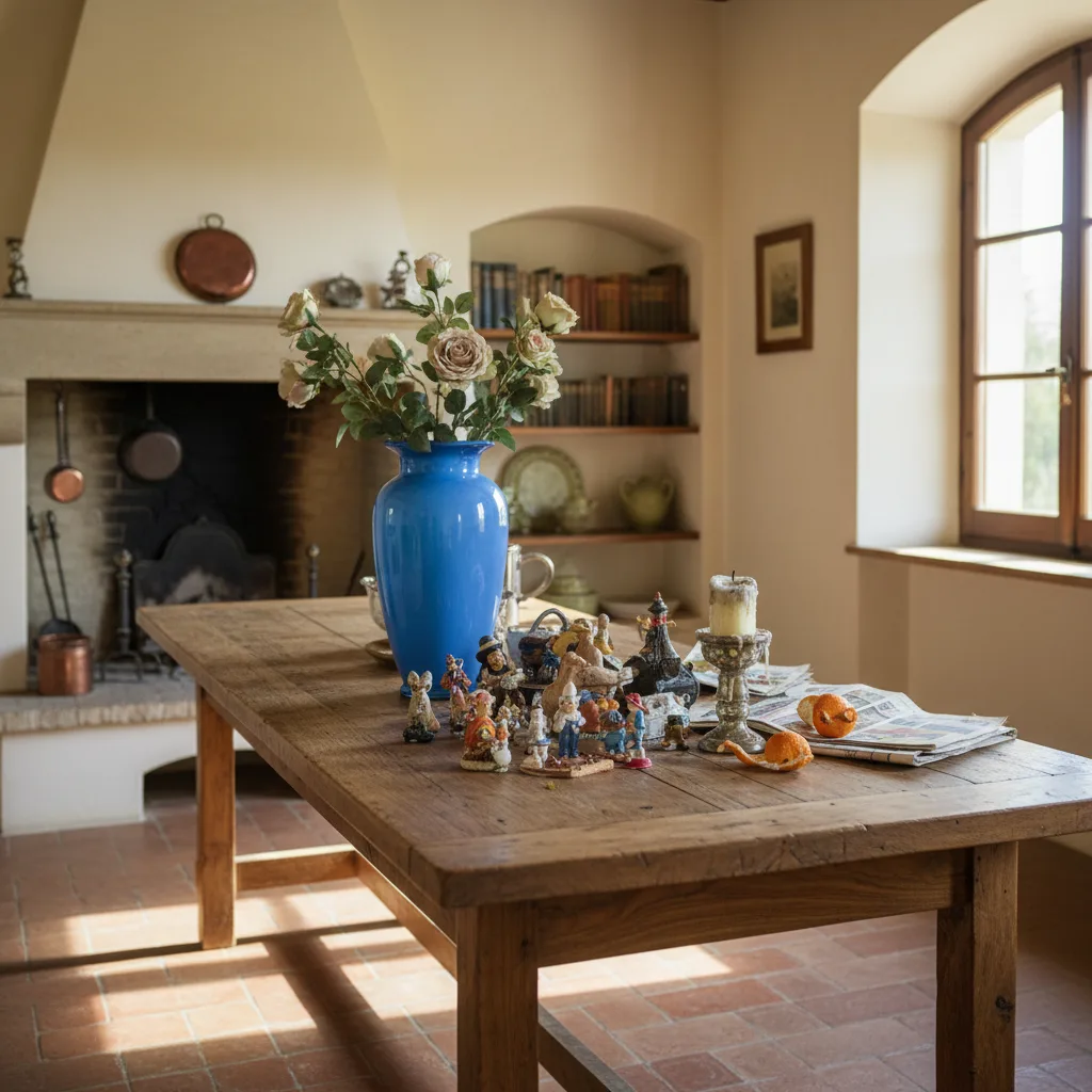 Overhead view of a well-proportioned dining table with an Italian ceramic centerpiece, natural linen tablecloth and tableware. Alt: well-proportioned dining table centerpiece