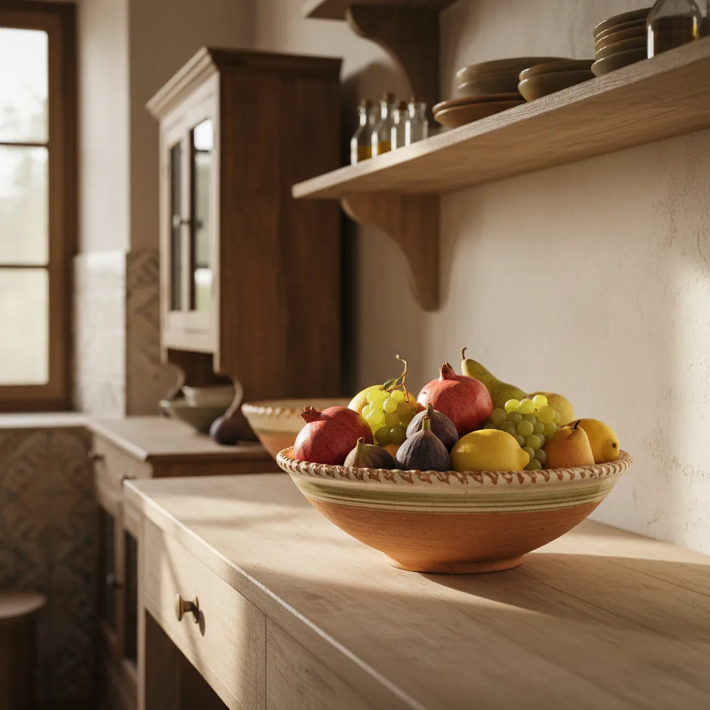 Bi frutontziren goiko aldeko ikuspegia enkimera argi baten gainean alboz albo: bata zeramika esmaltatuzkoa kolore biziko fruta freskoarekin, bestea plastiko zurizkoa antzeko frutarekin baina itxura iluniagoarekin