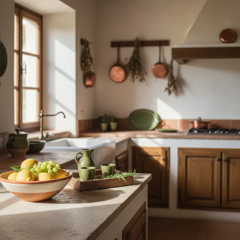 Vista zenital d'encimera de cuina amb fruiter ceràmic de disseny italià a l'esquerra i safata rectangular amb objectes agrupats a la dreta, llum natural suau