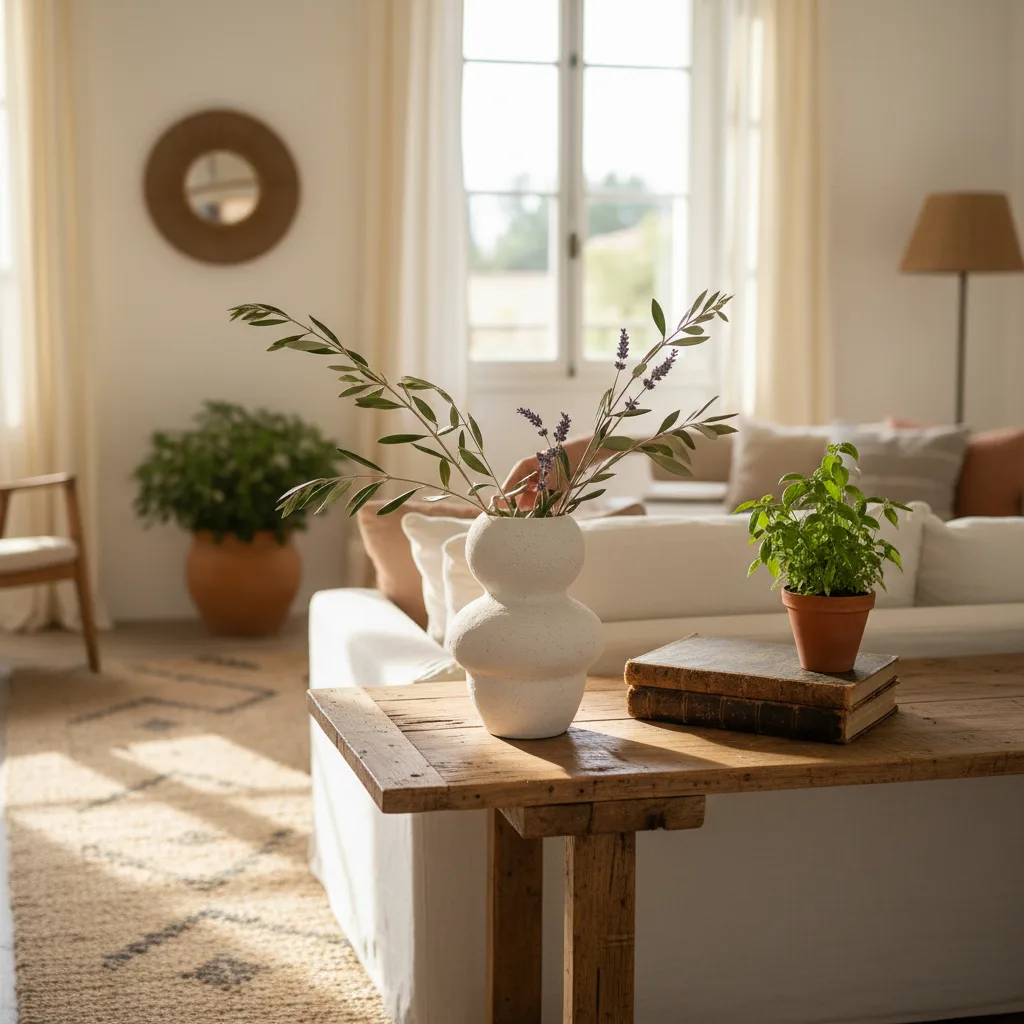 Vase blanc en céramique mate sur une console en bois avec une lumière naturelle chaude, style méditerranéen