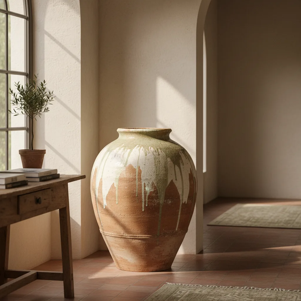 Hall spacieux avec un grand vase en céramique près d'une console en bois, lumière naturelle, branche d'olivier. Alt : grands vases décoratifs dans une entrée aux proportions équilibrées