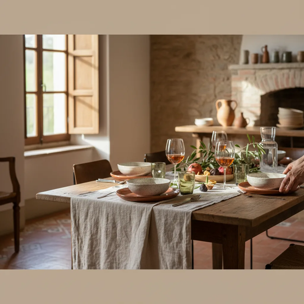 Vista zenital d'una taula italiana parada per a quatre comensals: plats de ceràmica blanca, coberts senzills, copes de vi, tovallons de lli plegats amb senzillesa, centre de taula baix amb fruites i herbes. Alt: taula parada italiana vista zenital amb ceràmica blanca i centre de fruites