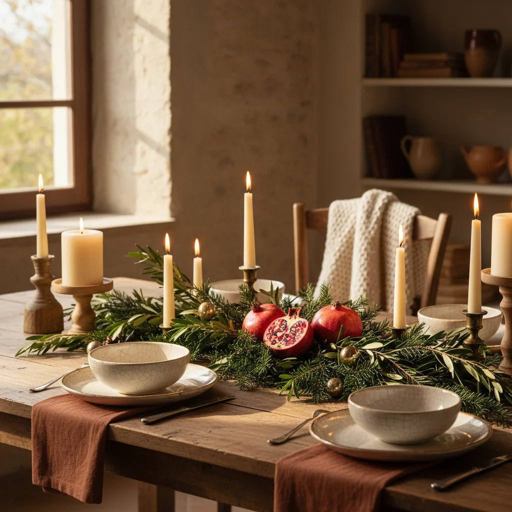 Vue d'ensemble d'une table de Noël italienne avec nappe en lin, vaisselle en céramique blanche, bougies allumées, branches vertes et grenades en centre de table. Ambiance chaleureuse, sans excès décoratifs. Alt : idées table de Noël dressée style italien avec céramique et éléments naturels