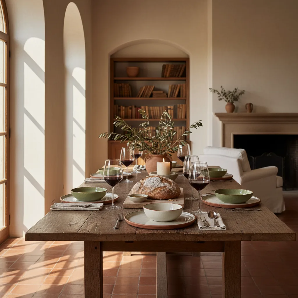 Família italiana dinant un diumenge en un menjador amb llum natural, plats de ceràmica, pa i vi sobre la taula. Alt: família italiana menjant en una taula parada amb ceràmica i llum natural