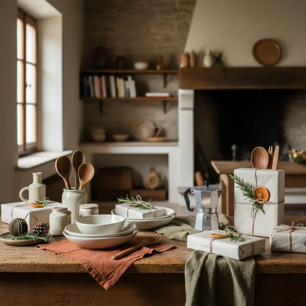 Kitchen table with Italian homeware pieces wrapped as Christmas gifts, warm light, Mediterranean style