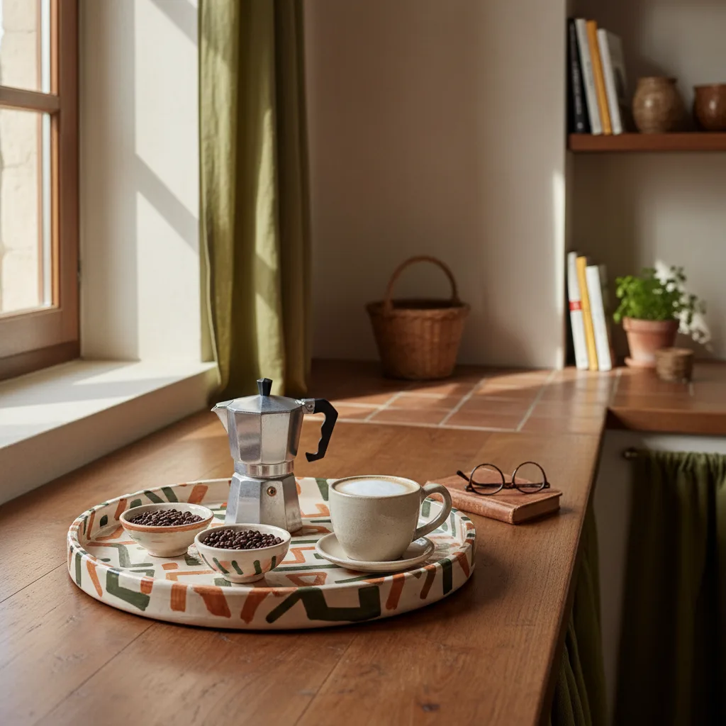 Vue en plongée d'un plateau rond en céramique avec cafetière moka, tasse, bol à sucre et petite cuillère sur un plan de travail en bois clair
