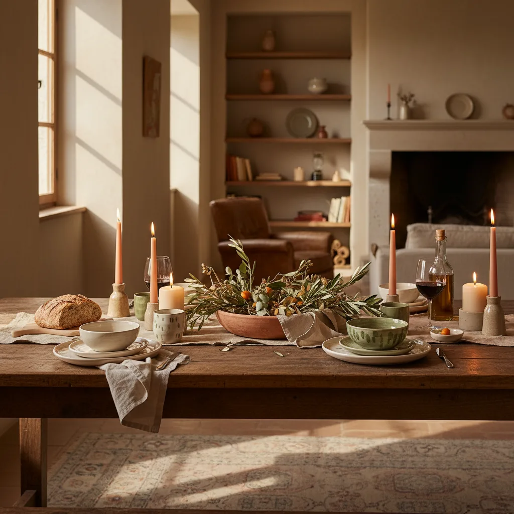 Vista angular d'una taula de sala preparada amb capes de tèxtils, vaixella artesanal, espelmes i elements naturals. Ambient càlid i mediterrani. Alt: decoracio taula sala amb estil tablescaping i peces de ceràmica